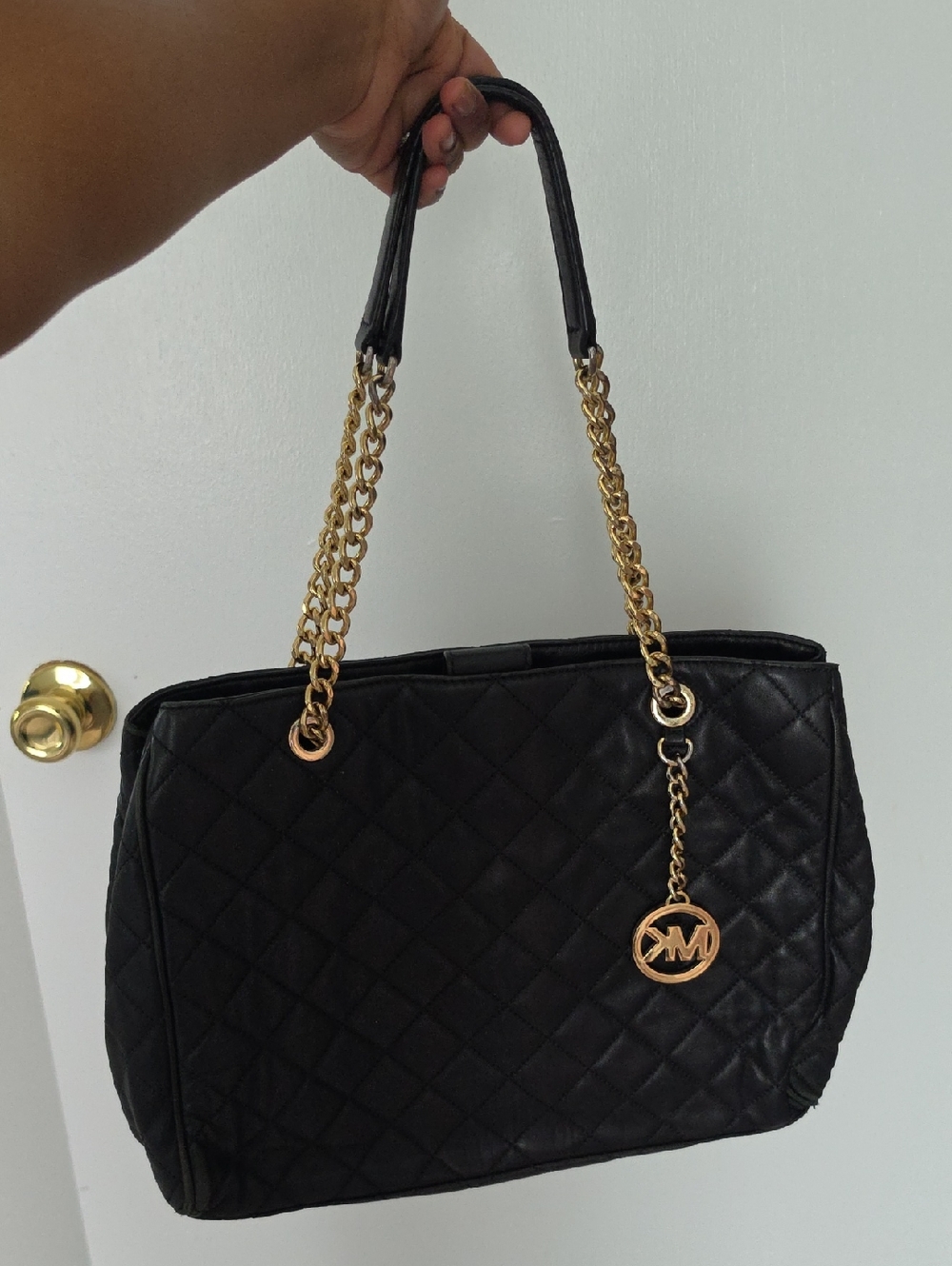 Michael Kors Black Quilted Shoulder Bag with Gold Hardware and Logo Charm